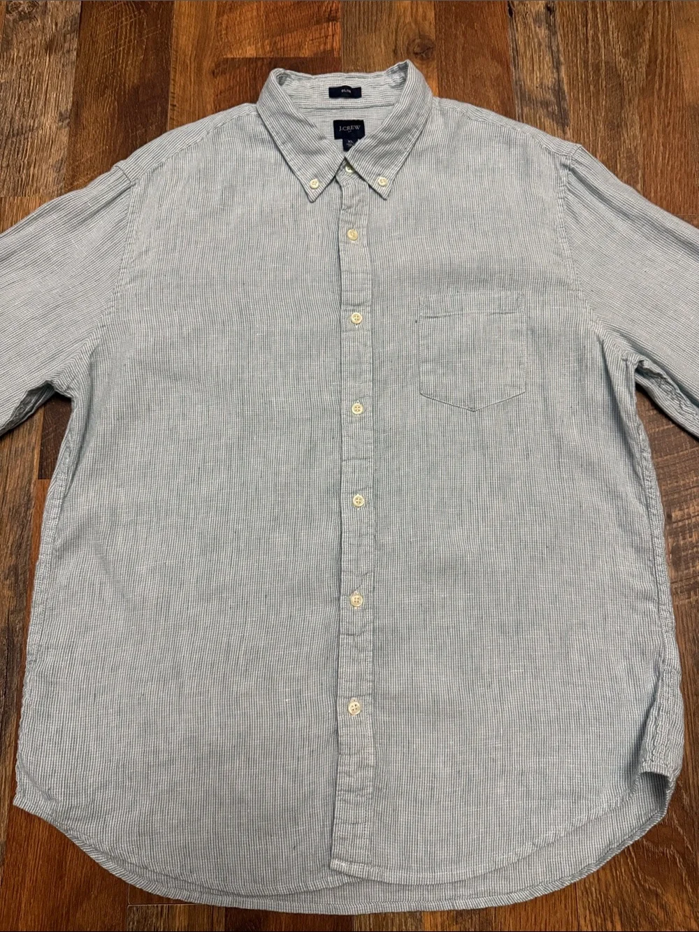 J. Crew Slim Fit Linen Blend Button Down Shirt Green White Stripe XL